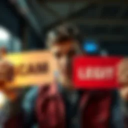A person comparing two signs labeled 'Scam' and 'Legit' with a thoughtful expression