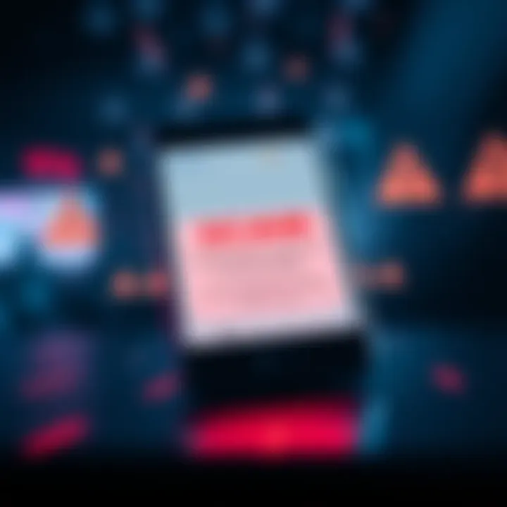 A mobile phone screen shows a text message warning about unauthorized access to a Coinbase account, with alert symbols around it.