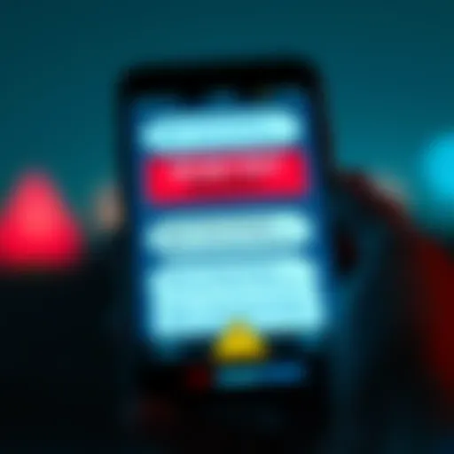 A smartphone displaying multiple scam text messages urging immediate attention, with a warning symbol on the screen