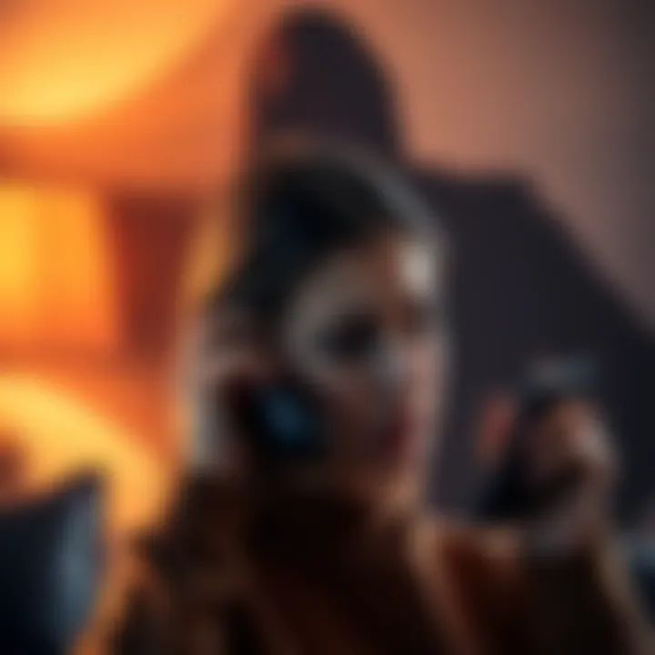 A person on the phone looking distressed, while a shadowy figure looms behind them, representing a scammer's threat