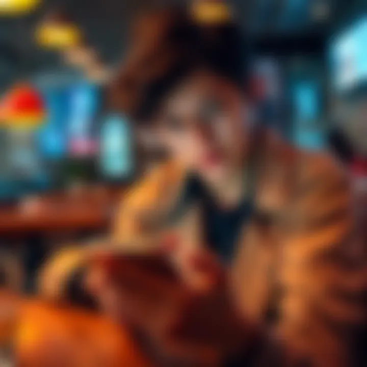 A concerned person looking at a suspicious message on a smartphone while sitting in a cafe, symbolizing awareness of scams.