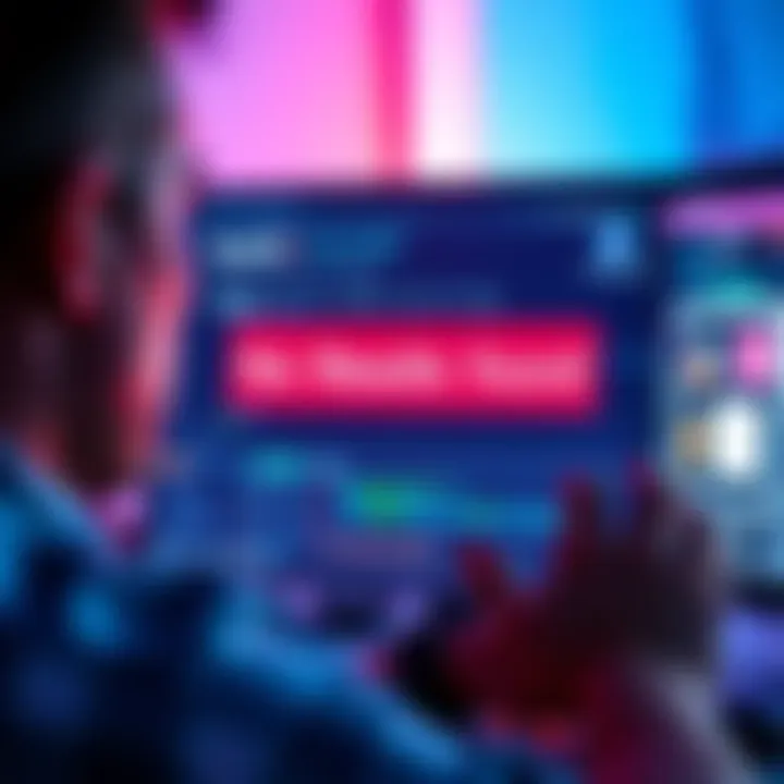 Close-up of a computer screen displaying 'No Results Found' message while a frustrated person looks on