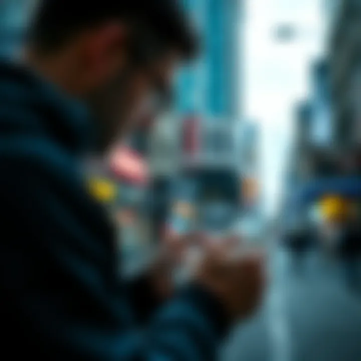 A person looking at a map with a phone in hand while searching for badges in an urban area.