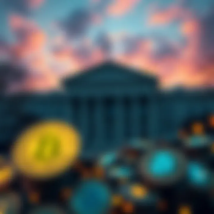 A graphic showing the SEC building with cryptocurrency symbols in the foreground, representing new regulations for crypto innovation.