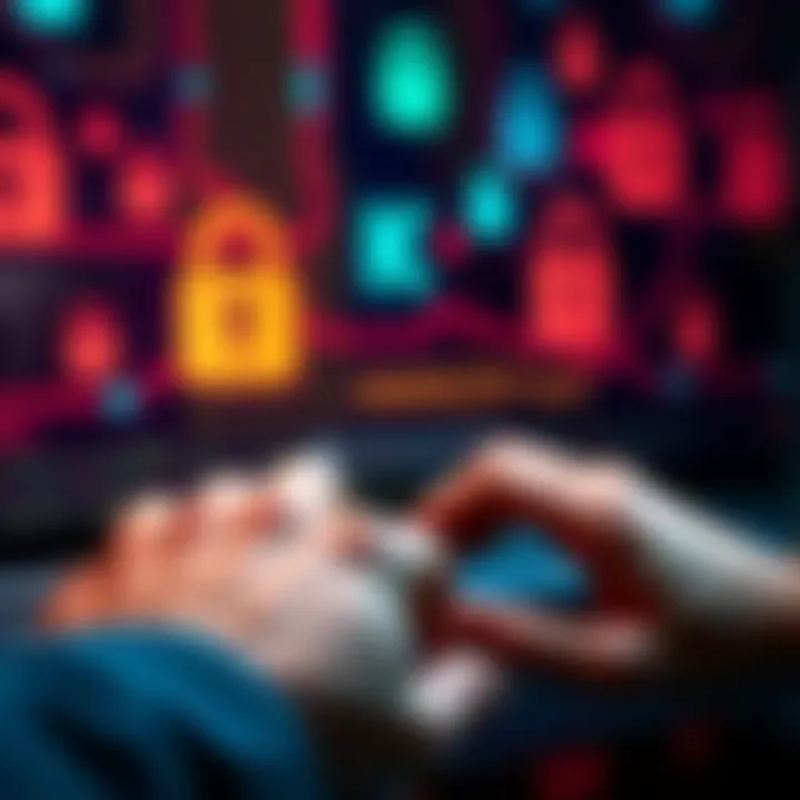 A person typing a secure passphrase to protect a cryptocurrency wallet, with digital lock symbols in the background.