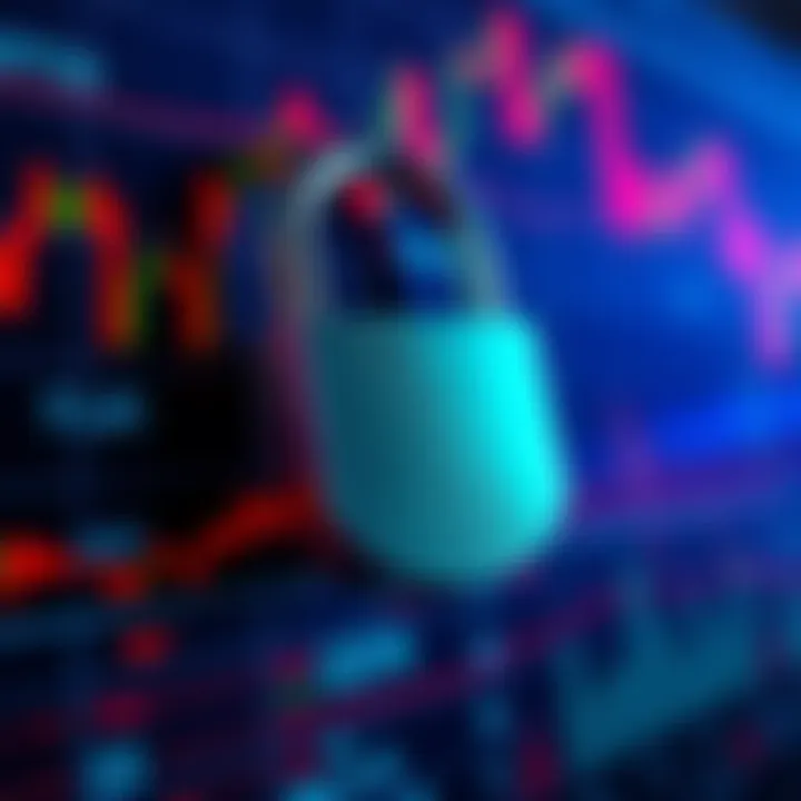 A close-up view of a secure digital lock with a financial chart in the background, representing ETF companies' private keys and security measures.