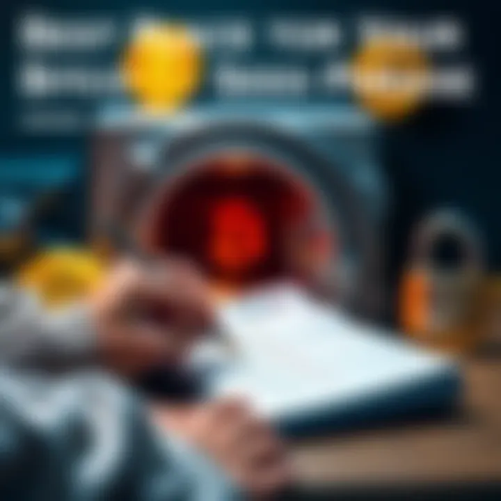 A person writing down a Bitcoin seed phrase in a notebook, surrounded by safety tools like a safe and a lock.