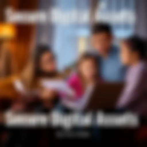 A family discussing plans to secure their digital assets, with a focus on a recovery phrase, using a laptop and printed documents.