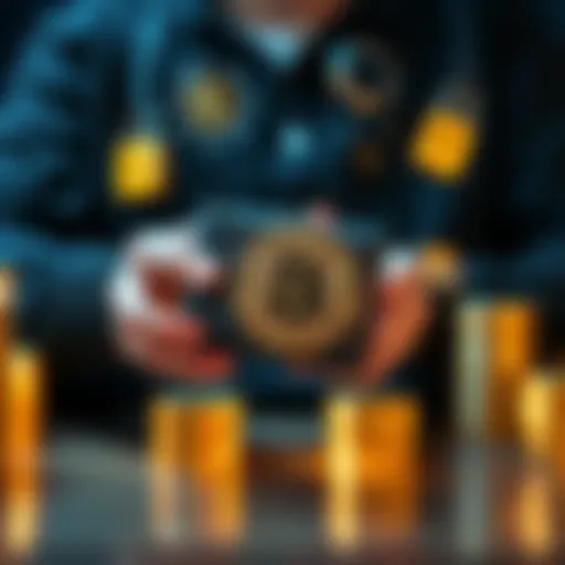 A person holding a hardware wallet with a Bitcoin symbol, surrounded by safe storage options.