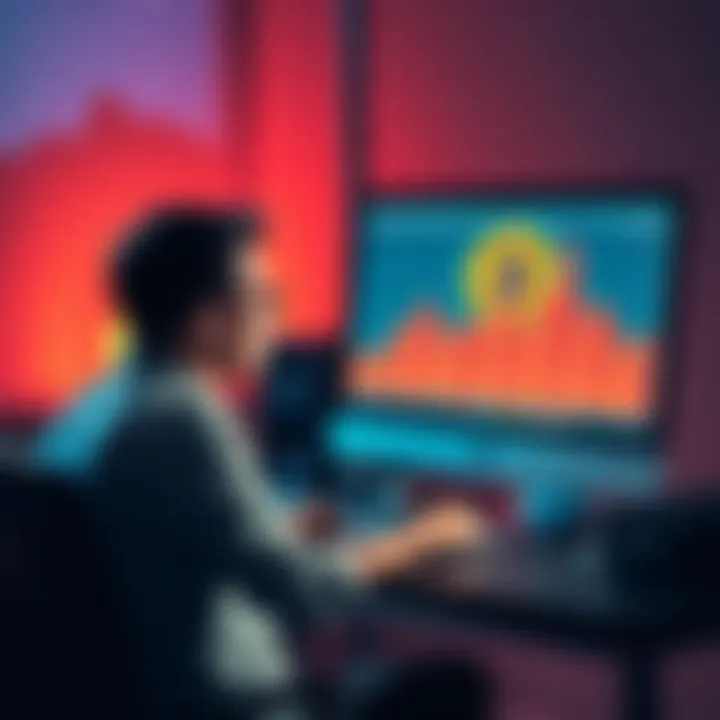 A person sitting at a computer, contemplating whether to sell their altcoins to pay taxes, with a chart showing Bitcoin prices on the screen.