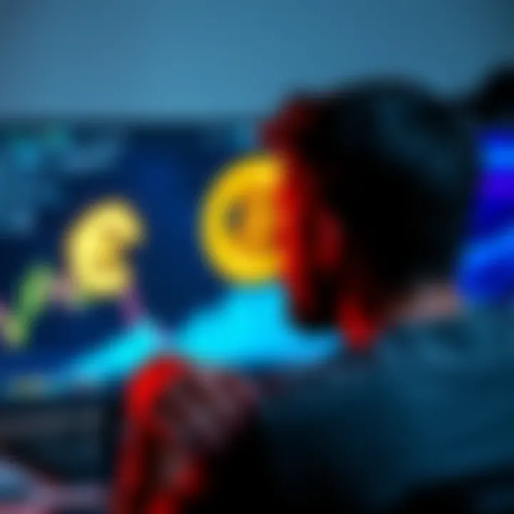 A person looking at a computer screen with Bitcoin and GBP symbols, contemplating a mortgage payment