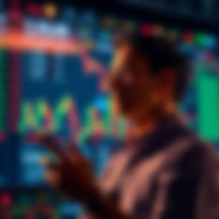 Person considering selling stocks to invest in Bitcoin with charts and graphs in the background