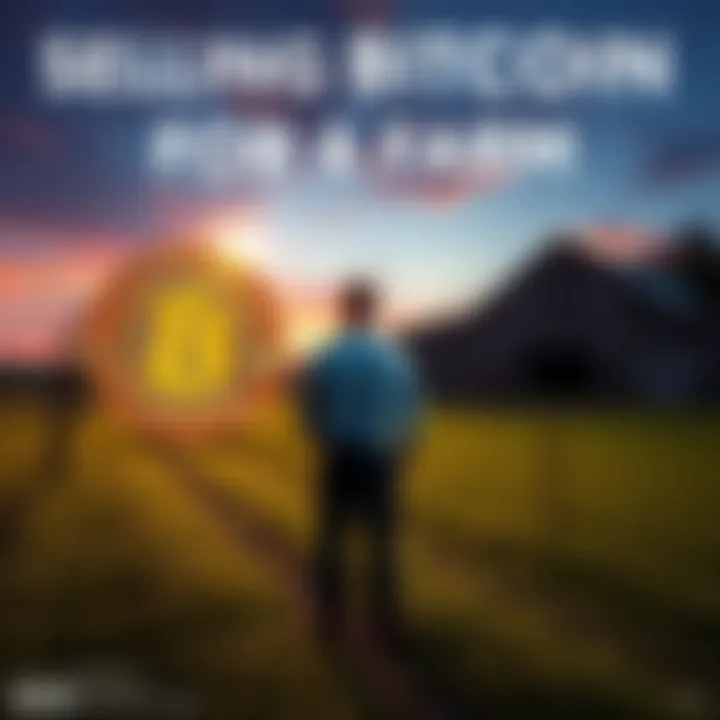 A person stands with a Bitcoin symbol, next to a farm with a barn and fields, looking hopeful about their future home.