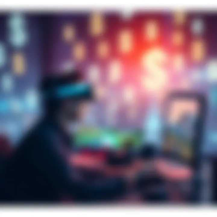 A person exploring virtual landscapes on a computer, considering selling digital properties for USD, with dollar signs in the background