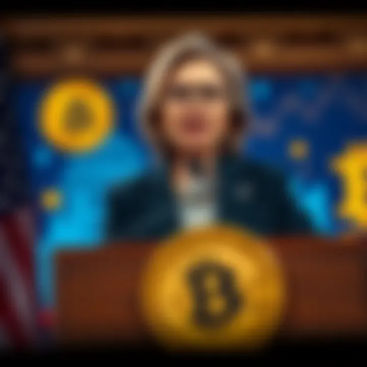 Senator Cynthia Lummis speaking at a podium about Bitcoin tax exemption, with graphics of Bitcoin in the background.