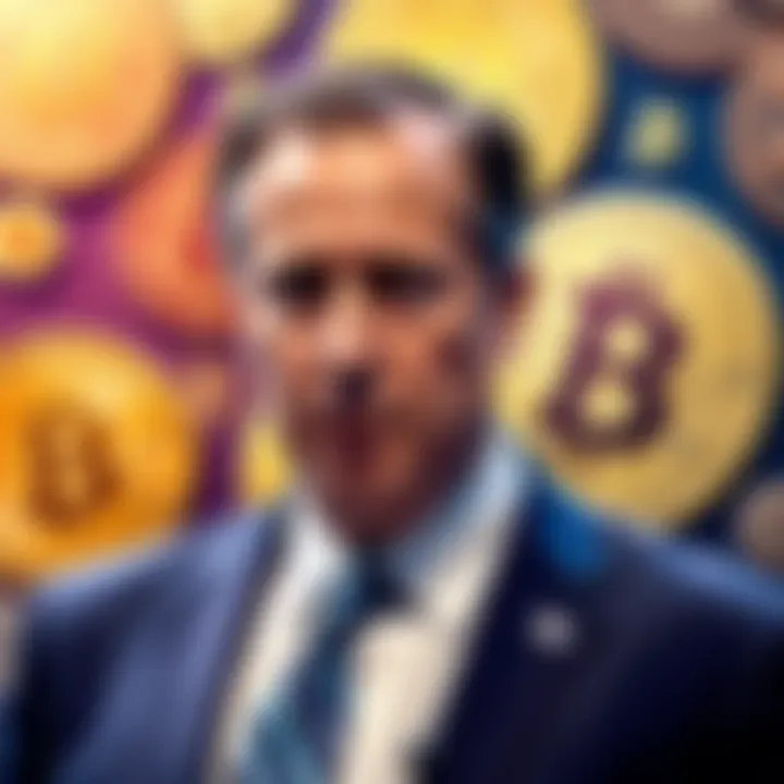 Senator Adam Schiff stands in front of a backdrop featuring cryptocurrency symbols, discussing his COIN Act proposal.