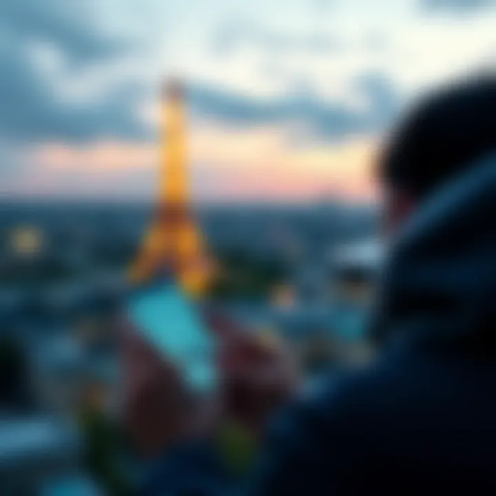 A person using a phone to send money to Paris using XRP, with a Paris skyline in the background.