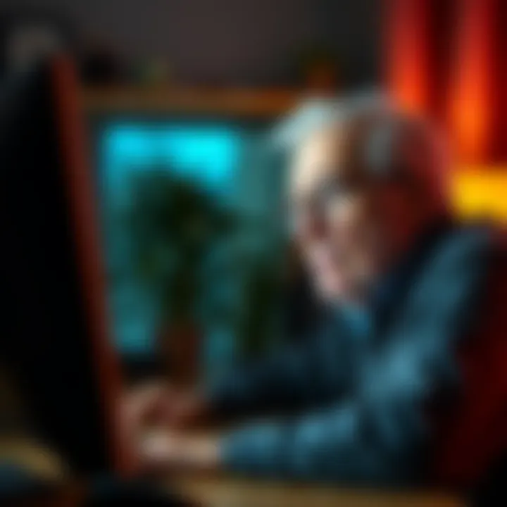 A concerned elderly man looking at his computer screen with a puzzled expression, worried about his lost access to bitcoin funds from his Coinbase wallet.