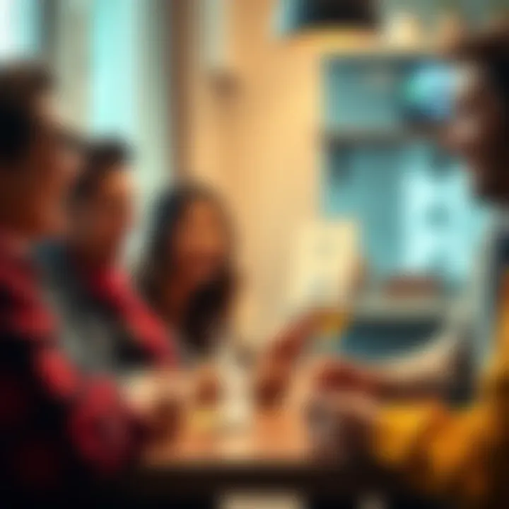 A joyful gathering of friends and family laughing while discussing Pi, showcasing their reactions during the conversation.