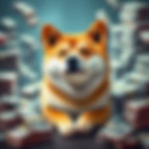 A Shiba Inu dog surrounded by stacks of dollar bills, symbolizing wealth and investment potential