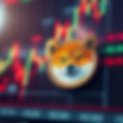 A close-up of a Shiba Inu coin graphic with a rising chart line, symbolizing price increase and speculation.