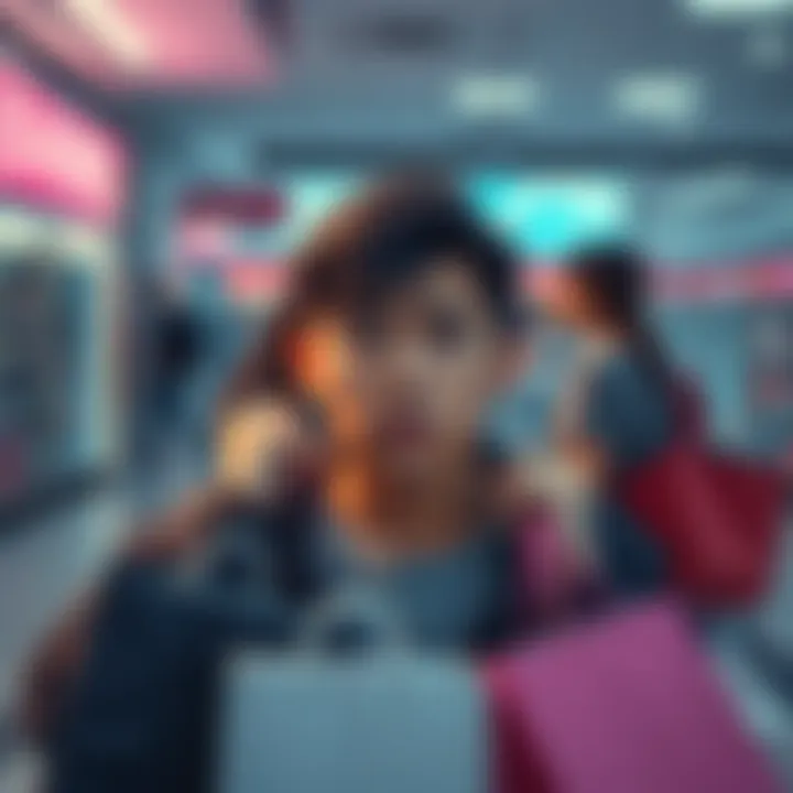 A person looking frustrated while holding shopping bags, watching others sell items in the background.
