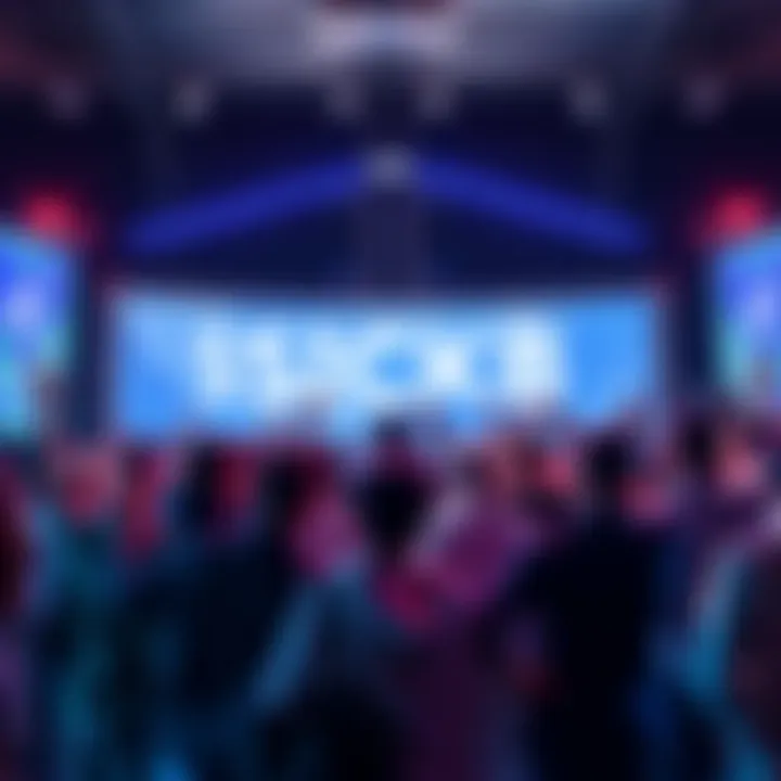 A group of people celebrating the launch of $SICKB's new blockchain platform with banners and digital displays.