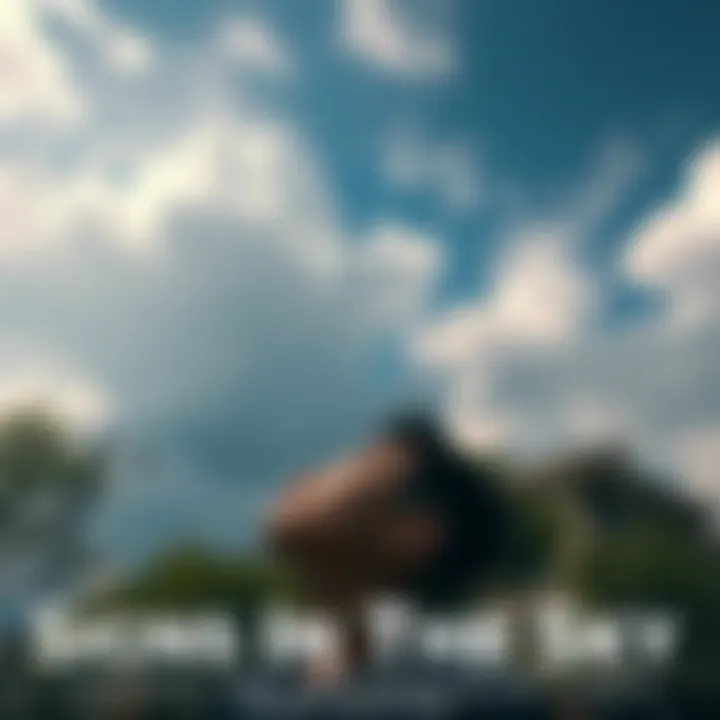 A person gazing up at unusual cloud formations, with a look of curiosity on their face, surrounded by trees and buildings.
