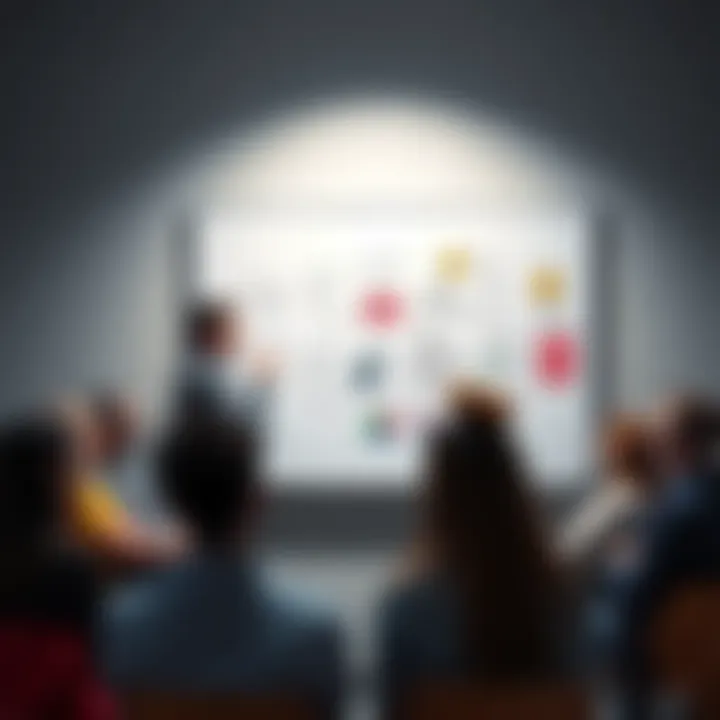 A person explaining a complicated concept using simple drawings on a whiteboard, with a group of people listening and engaged.