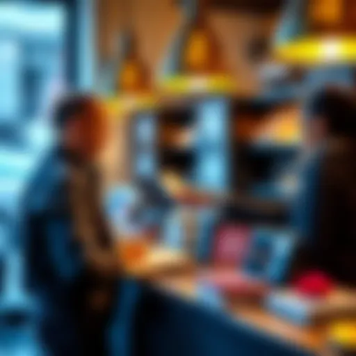 A small business owner accepting a payment in Litecoin at a counter with a customer.