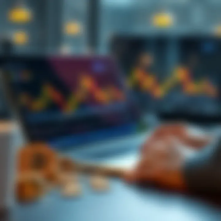 A person analyzing cryptocurrency charts on a laptop with coins beside them, representing smart investing in crypto.