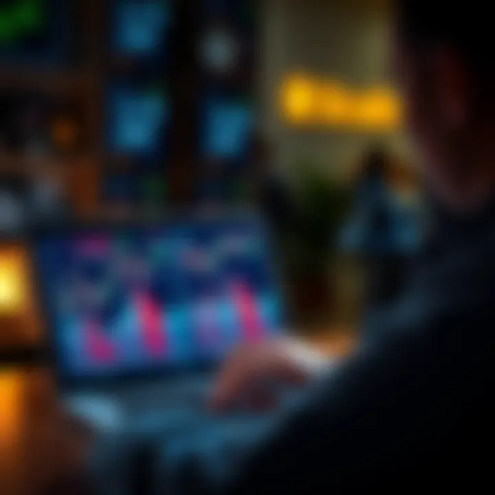 A person looking at a laptop displaying cryptocurrency graphs and SMSF information.