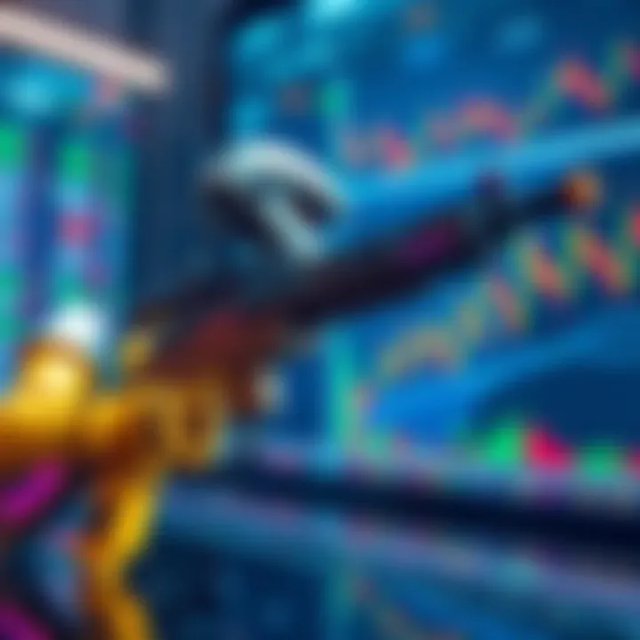 A digital representation of a sniping bot in action on the Solana blockchain, with trading graphs and automated charts