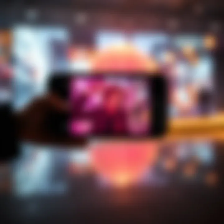 A smartphone shows a filtered photo of a person posing with a perfect background, highlighting the contrast between reality and social media images.