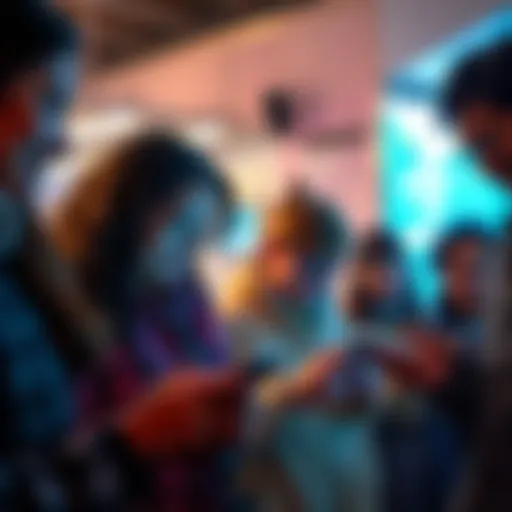 A group of diverse people using their smartphones, engaging on a new social media platform together.