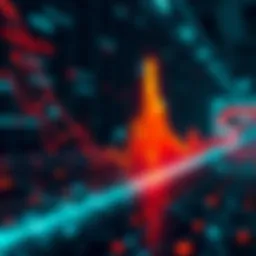 A digital representation of Solana's blockchain performance showing a spike in transactions per second during a stress test, with graphics indicating speed and scalability.