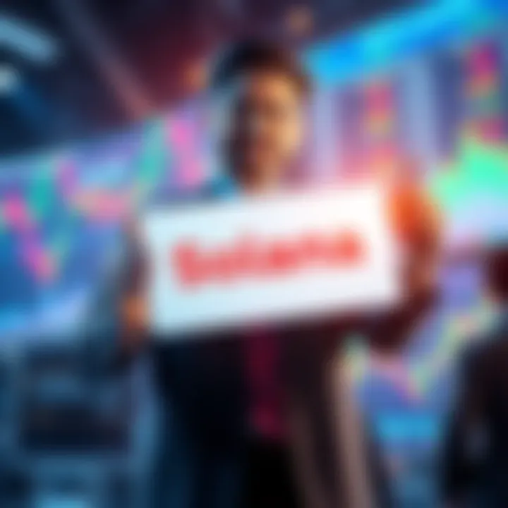 A person confidently holding a Solana logo while surrounded by bearish market charts, symbolizing strong investment commitment.