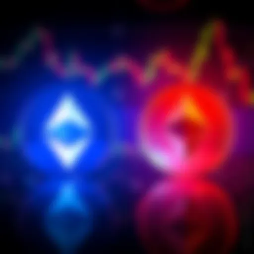 Visual comparison of Solana and Ethereum logos with a background of fluctuating cryptocurrency charts