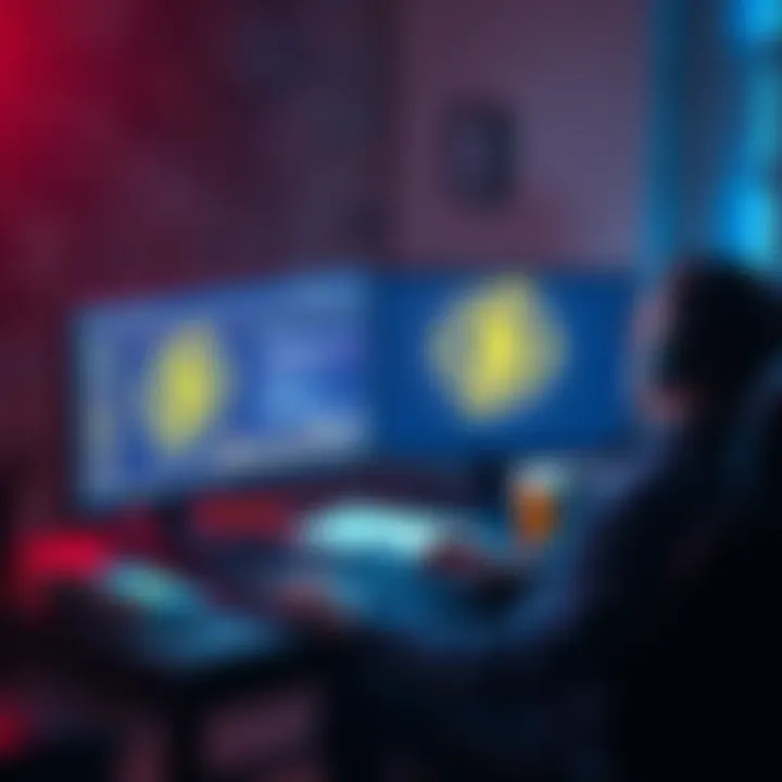 A person sitting at a computer, looking at Bitcoin mining software and a Bitcoin logo on the screen, with notes and tools nearby.