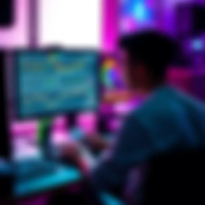 A person sitting in front of a computer screen displaying charts and mining software, focused on solo mining DBG cryptocurrency.