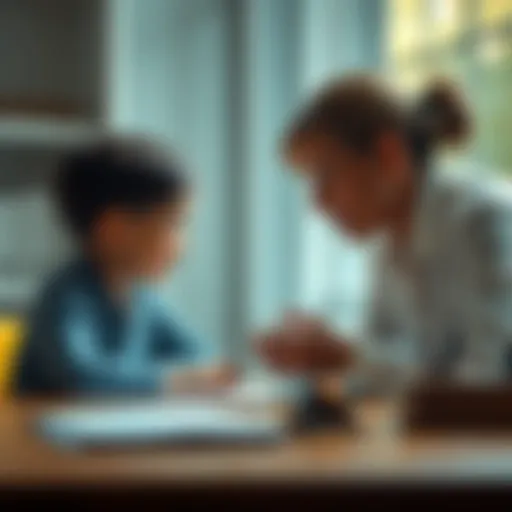 A parent gently spoon feeding a child while they study at a table, illustrating the concept of spoon feeding in a learning environment.