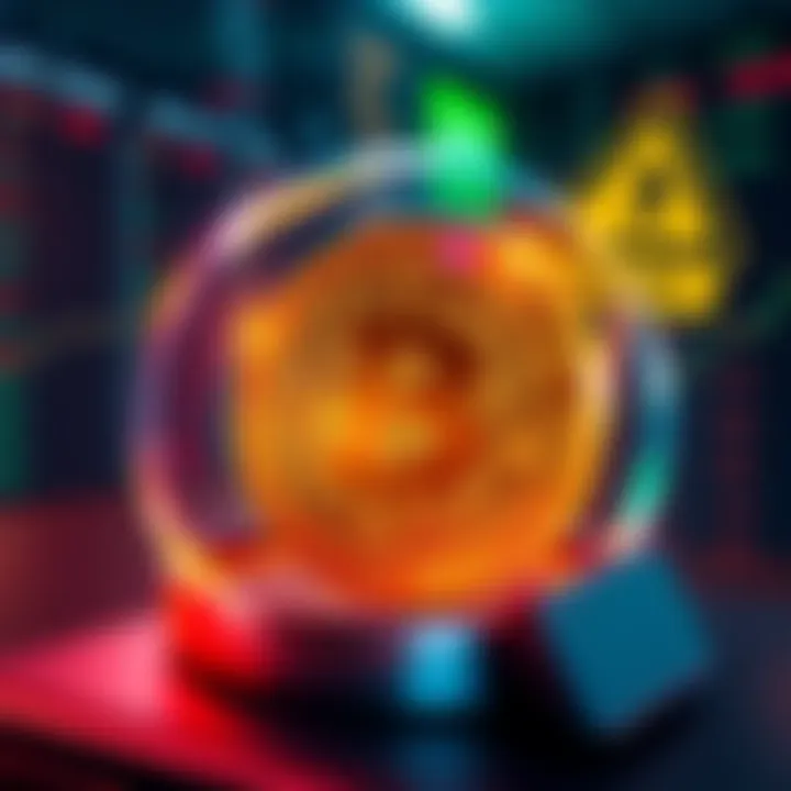 Illustration of a Bitcoin symbol inside a brokerage account with margin indicators and risk warning signs in the background.