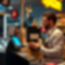 A merchant at checkout using Square to accept Bitcoin payments with a digital display showing the transaction process.
