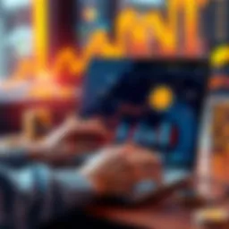 A visual representation of maximizing returns on stablecoins, featuring a person analyzing charts and graphs on a laptop with cryptocurrency symbols around.