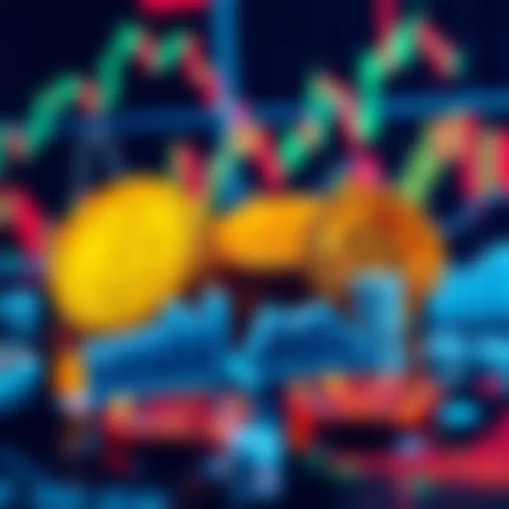 A visual representation of stablecoins like USDT and USDC with a backdrop of fluctuating market graphs and financial symbols.