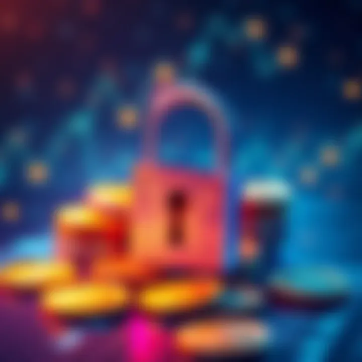 A graphic showing digital coins being secured with a padlock, symbolizing staking in cryptocurrency for passive income.