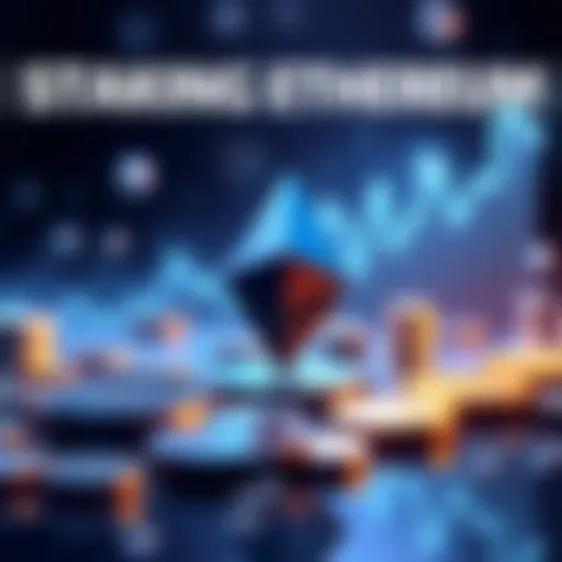 An illustration showing the concept of staking Ethereum with symbols of coins and charts reflecting portfolio changes.