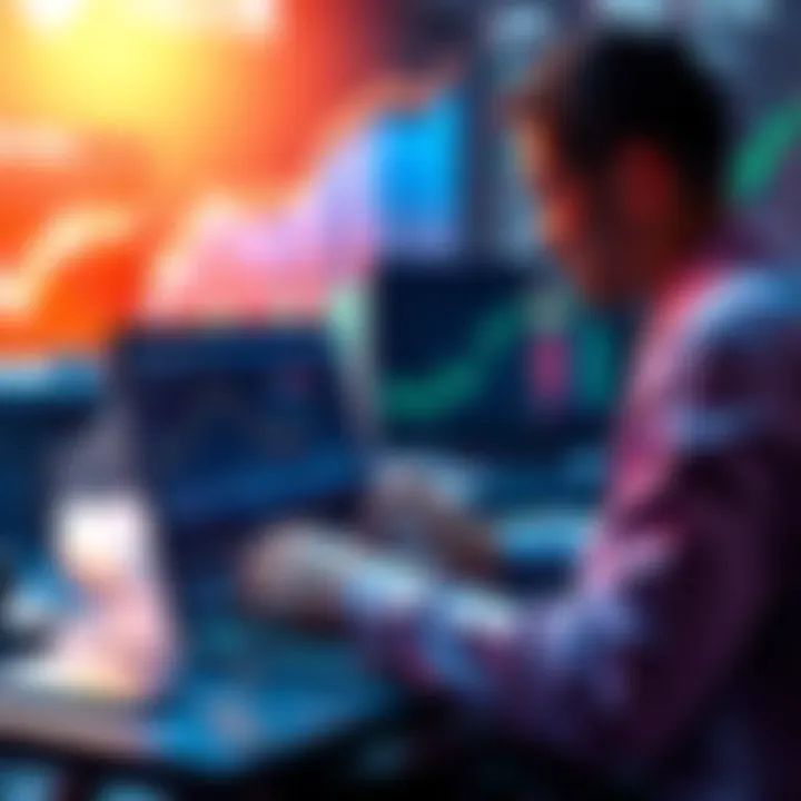 A person using a laptop to learn about staking Ethereum and rETH, surrounded by charts and graphs indicating crypto growth.