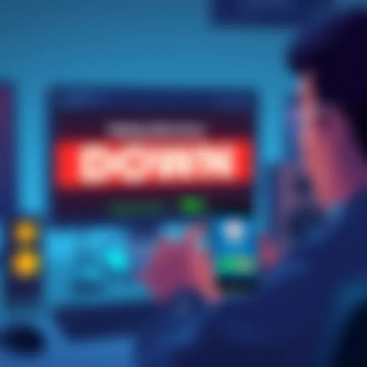 A person looking frustrated at a computer screen displaying a down message for a staking site, while holding a smartphone with a crypto wallet app open.