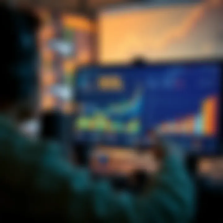 A person looking at a computer screen with graphs and charts related to staking SOL, showing growth and potential earnings.